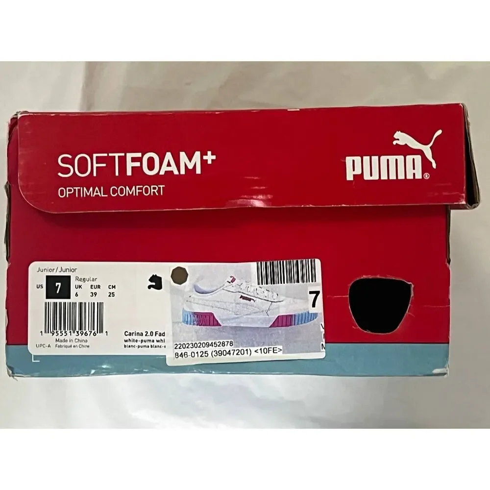 Big Kid's Puma Carina 2.0 Fade Jr White/Pink/Blue - size 7 - 390472-01 With Box